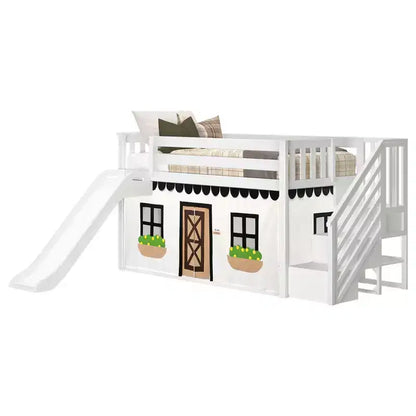Lit mezzanine bas jumeau avec escalier, toboggan facile et rideau de ferme noir et blanc