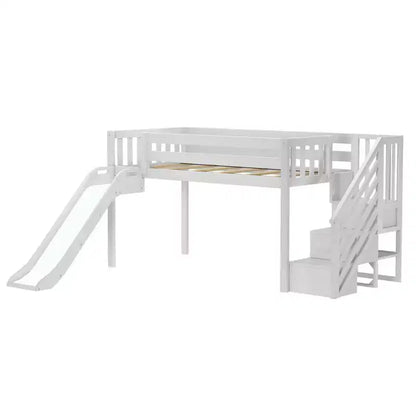 Lit mezzanine bas jumeau avec escalier, toboggan facile et rideau de ferme noir et blanc