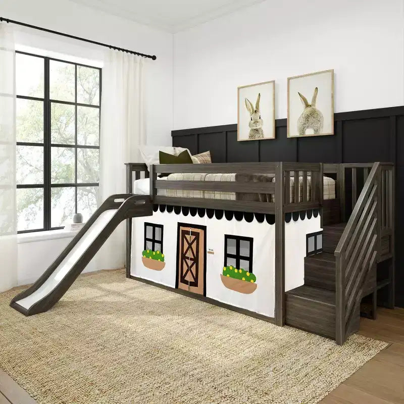 Lit mezzanine bas jumeau avec escalier, toboggan facile et rideau de ferme noir et blanc