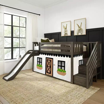 Lit mezzanine bas jumeau avec escalier, toboggan facile et rideau de ferme noir et blanc