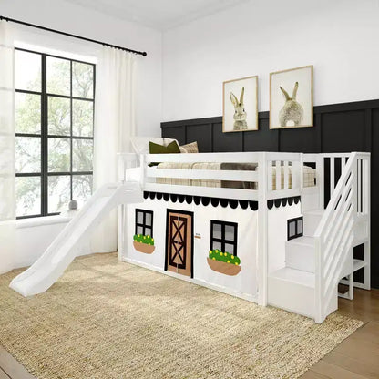 Twin Low Loft With Stairs, Easy Slide & Black & White Farmhouse Curtain
