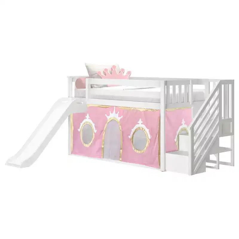 Lit mi-hauteur double avec escalier, toboggan facile et rideau de princesse rose clair et doré