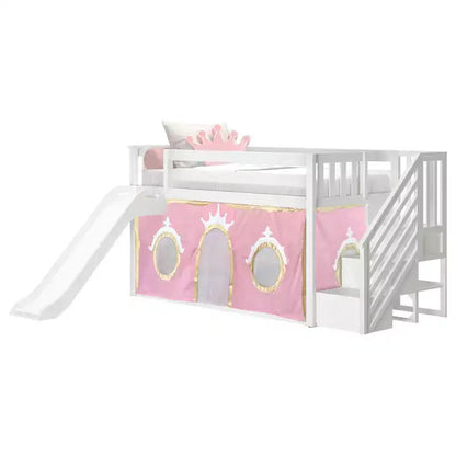 Lit mi-hauteur double avec escalier, toboggan facile et rideau de princesse rose clair et doré