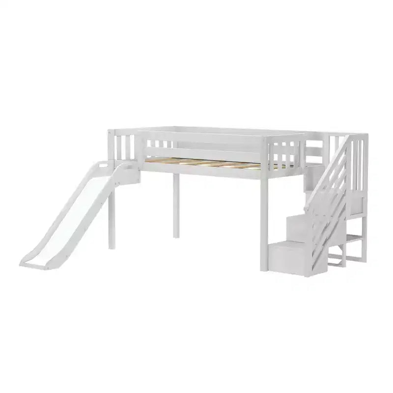 Lit mi-hauteur double avec escalier, toboggan facile et rideau de princesse rose clair et doré