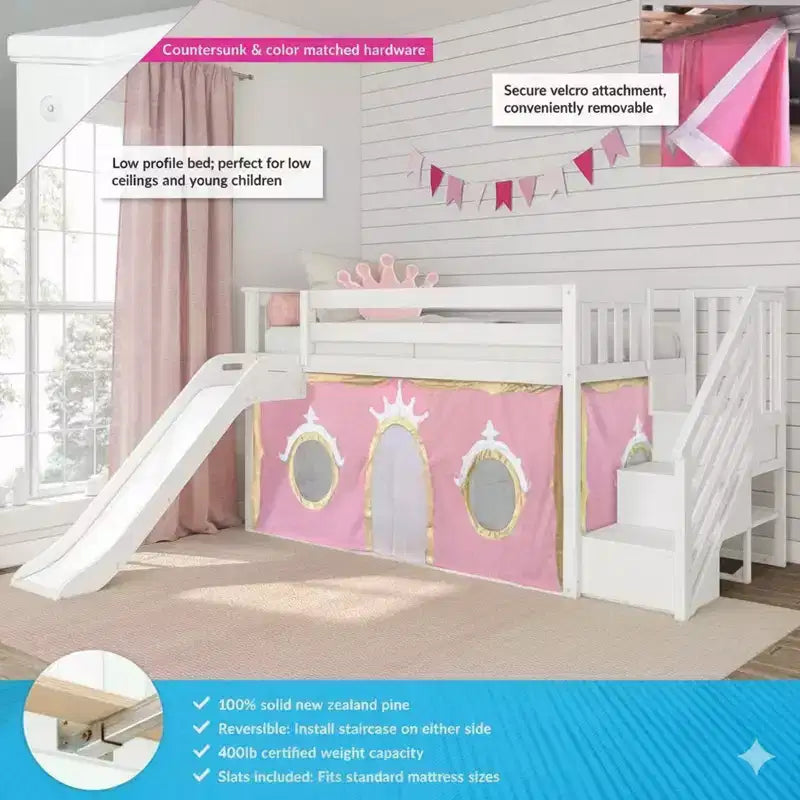 Lit mi-hauteur double avec escalier, toboggan facile et rideau de princesse rose clair et doré