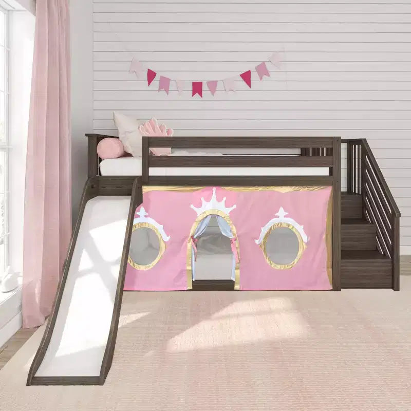 Lit mi-hauteur double avec escalier, toboggan facile et rideau de princesse rose clair et doré