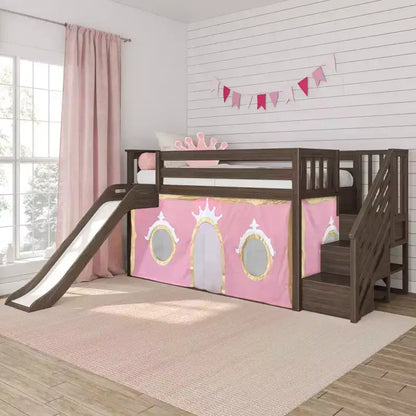 Lit mi-hauteur double avec escalier, toboggan facile et rideau de princesse rose clair et doré