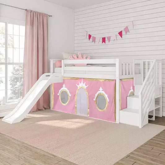 Twin Low Loft With Stairs, Easy Slide & Light Pink & Gold Princess Curtain