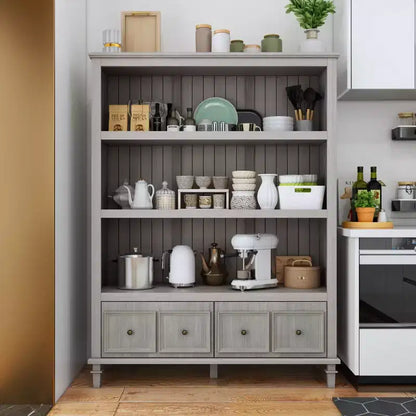 Famapy Meuble de Rangement de Cuisine Rétro Gris avec 3 Étagères Ouvertes et 4 Tiroirs, Buffet, Organisateur de Rangement pour Cuisine et Salle à Manger