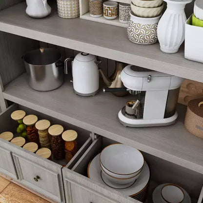Famapy Meuble de Rangement de Cuisine Rétro Gris avec 3 Étagères Ouvertes et 4 Tiroirs, Buffet, Organisateur de Rangement pour Cuisine et Salle à Manger