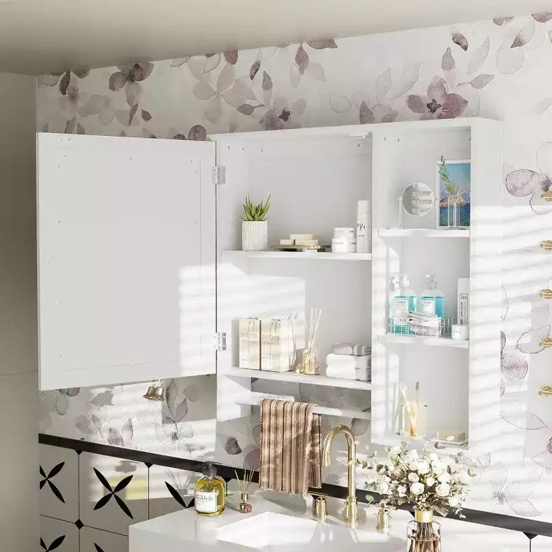 Meuble de rangement mural de salle de bain Clihome, armoires à pharmacie avec grande porte miroir, étagères réglables et trois niveaux de rangement ouverts