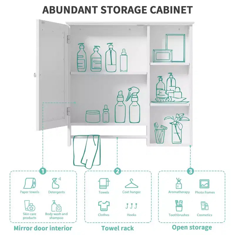 Meuble de rangement mural de salle de bain Clihome, armoires à pharmacie avec grande porte miroir, étagères réglables et trois niveaux de rangement ouverts