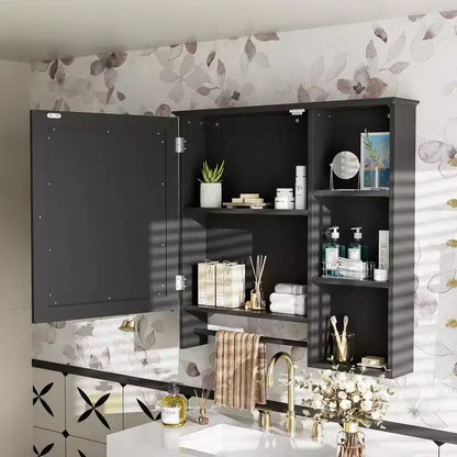 Meuble de rangement mural de salle de bain Clihome, armoires à pharmacie avec grande porte miroir, étagères réglables et trois niveaux de rangement ouverts