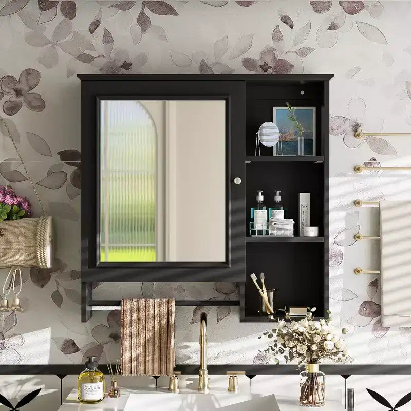 Clihome Wall Mounted Bathroom Storage Cabinet, Medicine Cabinets with Large Mirror Door, Adjustable Shelves and Three Open Storage Levels