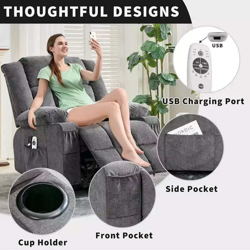 23.6 Fauteuil inclinable électrique surdimensionné avec chaleur et massage, élévateur électrique pour canapé individuel surdimensionné, charge maximale de 350 lb