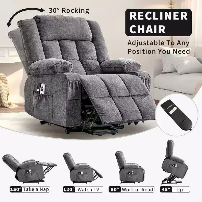 23.6 Fauteuil inclinable électrique surdimensionné avec chaleur et massage, élévateur électrique pour canapé individuel surdimensionné, charge maximale de 350 lb