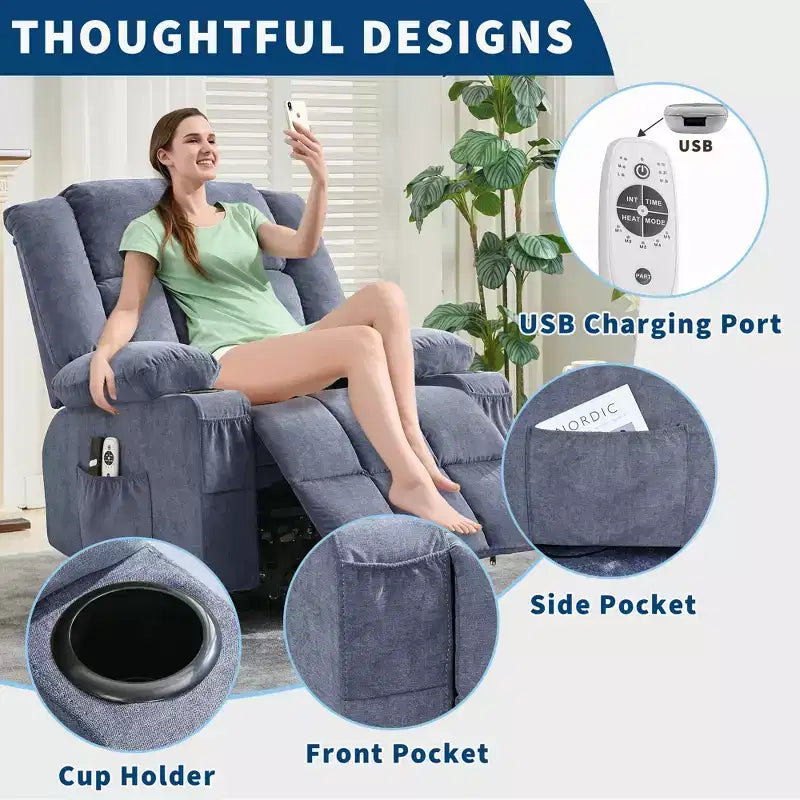 23.6 Fauteuil inclinable électrique surdimensionné avec chaleur et massage, élévateur électrique pour canapé individuel surdimensionné, charge maximale de 350 lb
