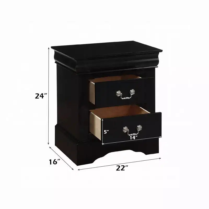 Table de chevet traditionnelle en bois, finition noire, 1 pièce, style Louis Philippe, deux tiroirs de rangement