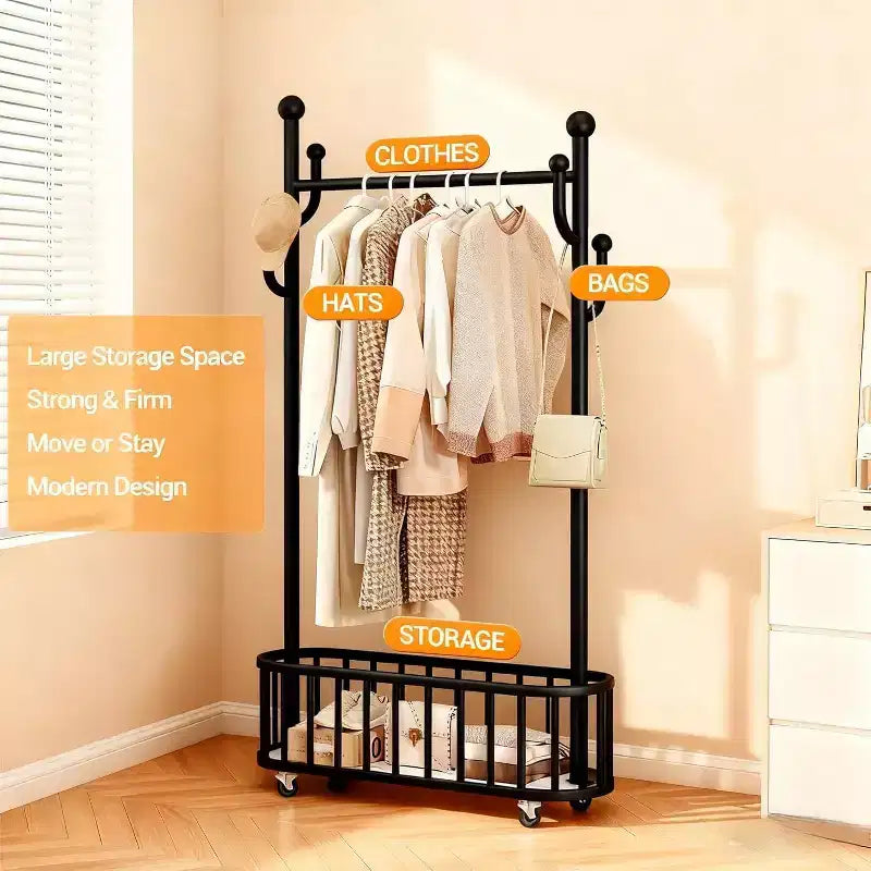 Porte-manteau, range-chaussures, panier à linge en métal avec roulettes verrouillables