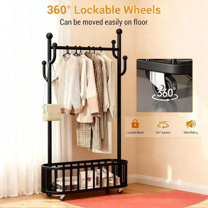 Porte-manteau, range-chaussures, panier à linge en métal avec roulettes verrouillables