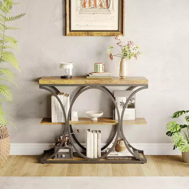 39 Industrial Entryway Table, 3-Tier Console Table Sofa Table with Hale-Circle Metal Frame