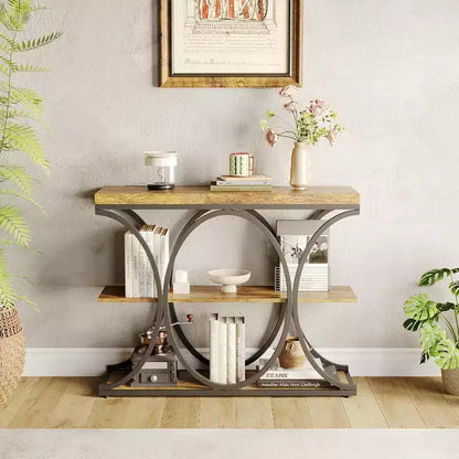 39 Industrial Entryway Table, 3-Tier Console Table Sofa Table with Hale-Circle Metal Frame