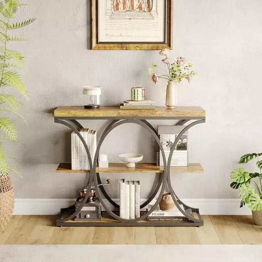 39 Industrial Entryway Table, 3-Tier Console Table Sofa Table with Hale-Circle Metal Frame