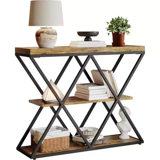 3-Tier Industrial Console Table with X-Frame & Open Shelves Rustic Brown Entryway Accent Table for Foyer