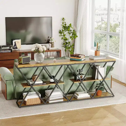 Console industrielle à 3 niveaux avec cadre en X et étagères ouvertes, Table d'entrée rustique marron pour hall d'entrée
