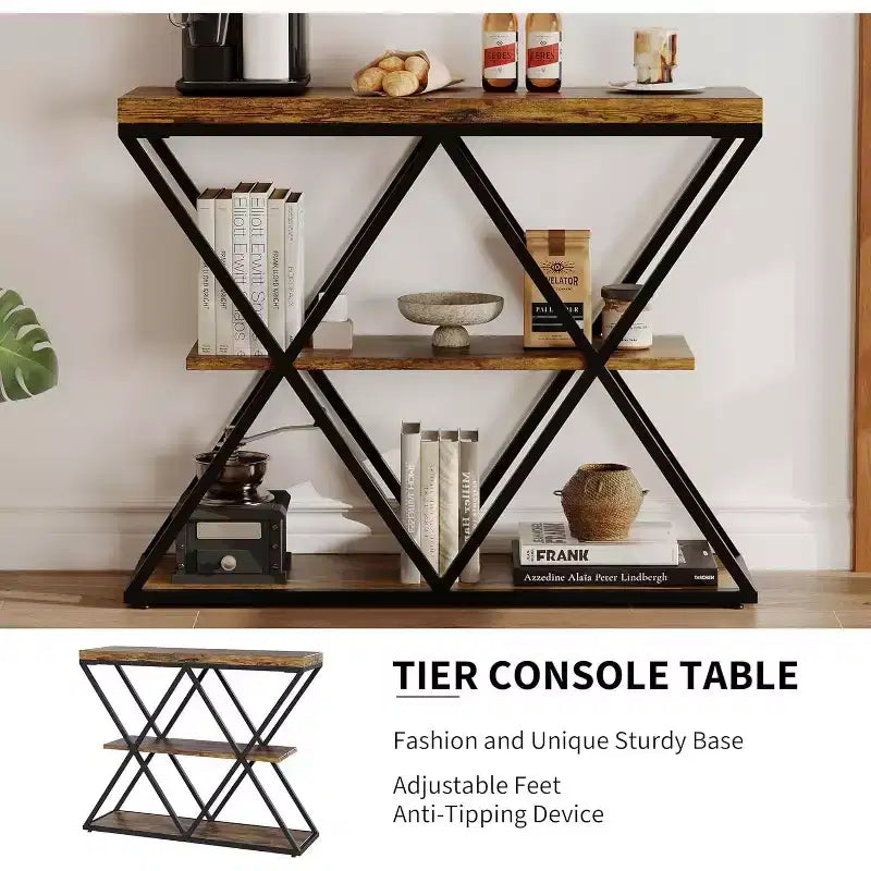 Console industrielle à 3 niveaux avec cadre en X et étagères ouvertes, Table d'entrée rustique marron pour hall d'entrée