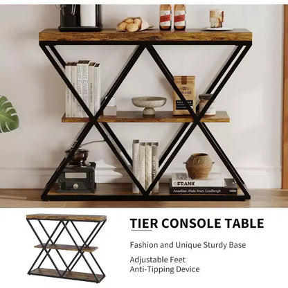 Console industrielle à 3 niveaux avec cadre en X et étagères ouvertes, Table d'entrée rustique marron pour hall d'entrée