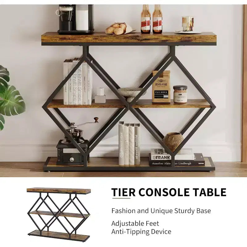 Console d'appoint industrielle à 3 niveaux avec rangement et étagères ouvertes, structure métallique en forme de losange