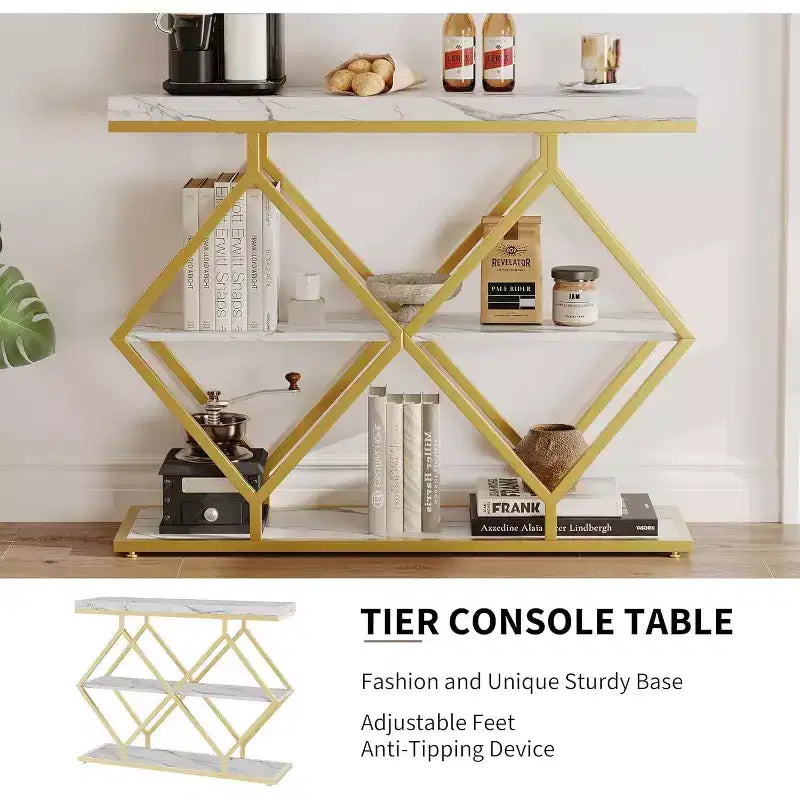 Console d'appoint industrielle à 3 niveaux avec rangement et étagères ouvertes, structure métallique en forme de losange
