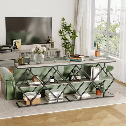 Console d'appoint industrielle à 3 niveaux avec rangement et étagères ouvertes, structure métallique en forme de losange