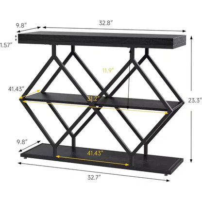 Console d'appoint industrielle à 3 niveaux avec rangement et étagères ouvertes, structure métallique en forme de losange