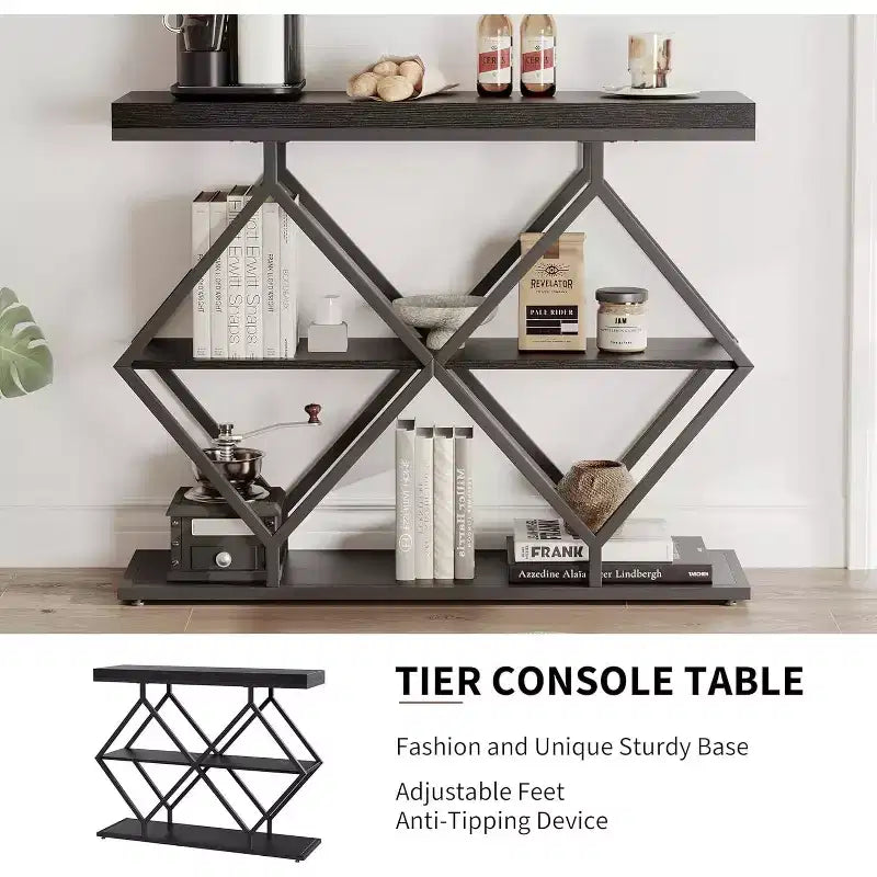 Console d'appoint industrielle à 3 niveaux avec rangement et étagères ouvertes, structure métallique en forme de losange