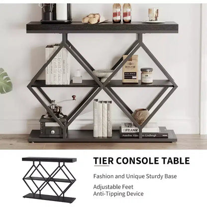 Console d'appoint industrielle à 3 niveaux avec rangement et étagères ouvertes, structure métallique en forme de losange