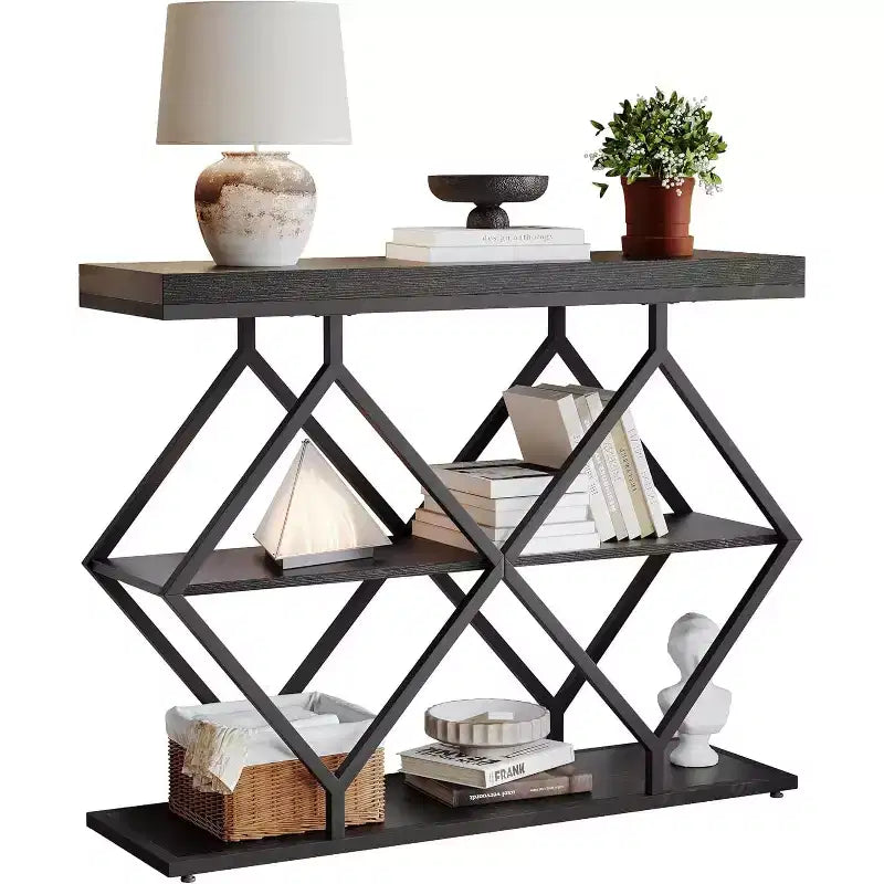 Industrial 3-Tier Accent Console Table with Storage and Open Shelves, Diamond-Shaped Metal Frame