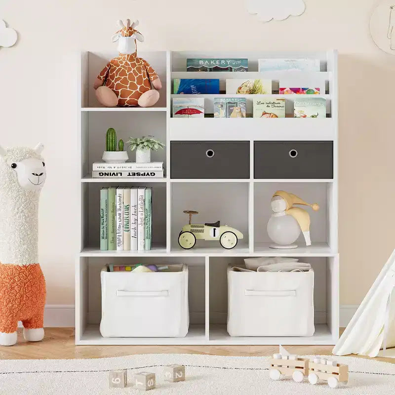 Organisateur de rangement pour enfants, Étagère à livres pour enfants avec tiroirs, Bibliothèque moderne avec casiers, Meuble de rangement au sol, Coffre de rangement en bois pour chambre d'enfants