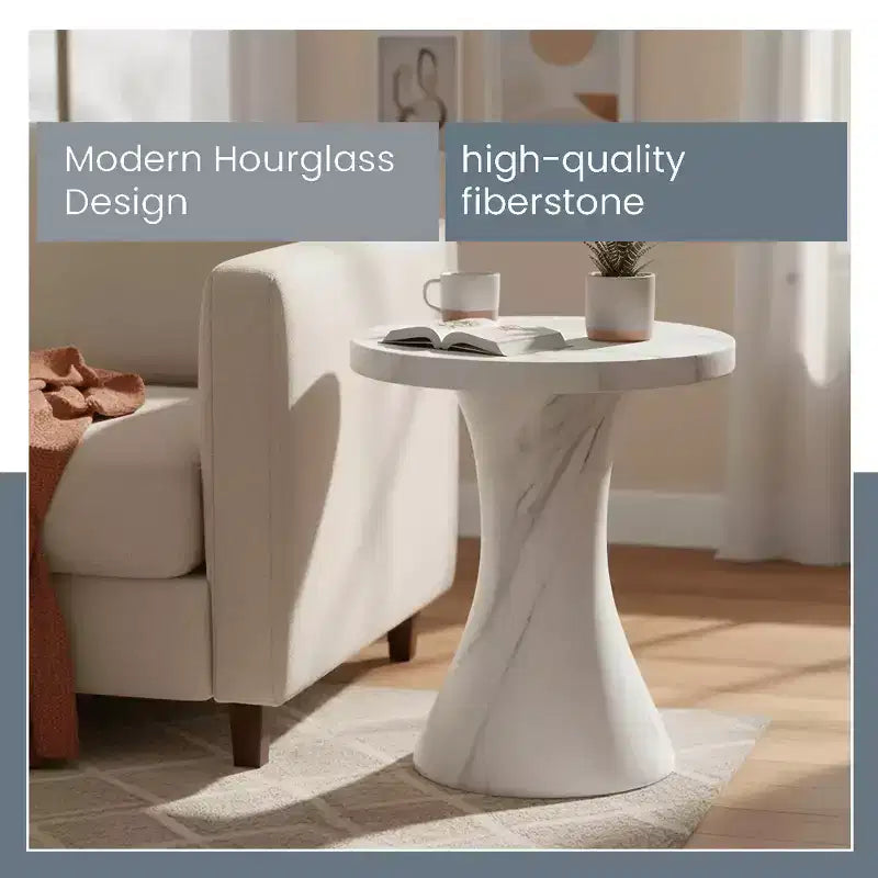 Table d'appoint ronde LeisureMod Isidra 19 en fibrestone avec finition effet marbre et piètement tulipe évasé pour salons, patios ou espaces lounge