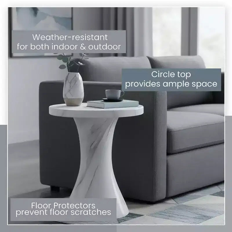 Table d'appoint ronde LeisureMod Isidra 19 en fibrestone avec finition effet marbre et piètement tulipe évasé pour salons, patios ou espaces lounge