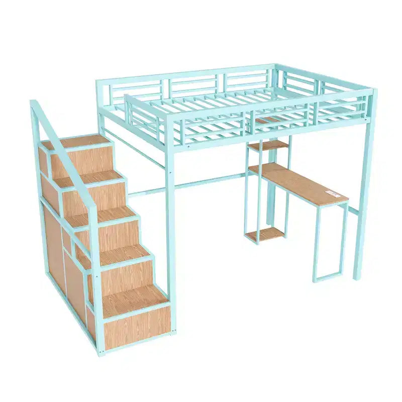 Lit mezzanine Bellemave avec bureau et rangement - Cadre en métal robuste, 4 armoires, escalier et étagère - Idéal pour enfants/adolescents (Vert)