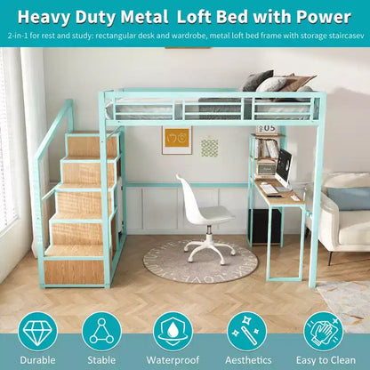 Lit mezzanine Bellemave avec bureau et rangement - Cadre en métal robuste, 4 armoires, escalier et étagère - Idéal pour enfants/adolescents (Vert)