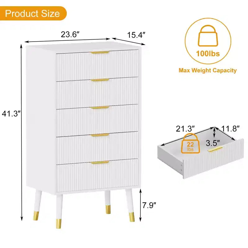 Commode de rangement COZONY à 5 tiroirs cannelés, commode de chambre moderne avec cadre en bois, organisateur compact pour espaces de vie