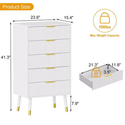 Commode de rangement COZONY à 5 tiroirs cannelés, commode de chambre moderne avec cadre en bois, organisateur compact pour espaces de vie