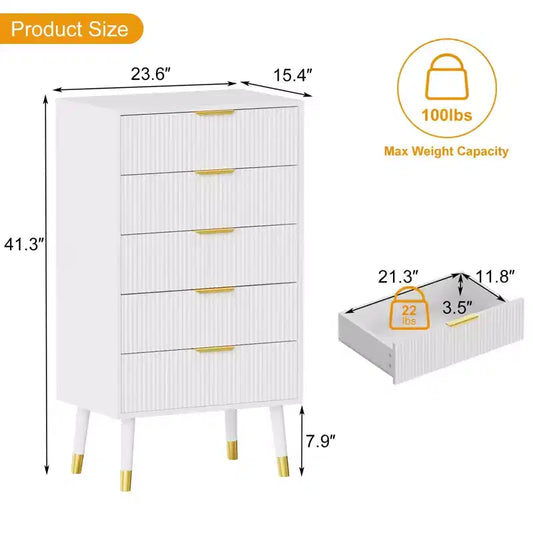Commode de rangement COZONY à 5 tiroirs cannelés, commode de chambre moderne avec cadre en bois, organisateur compact pour espaces de vie