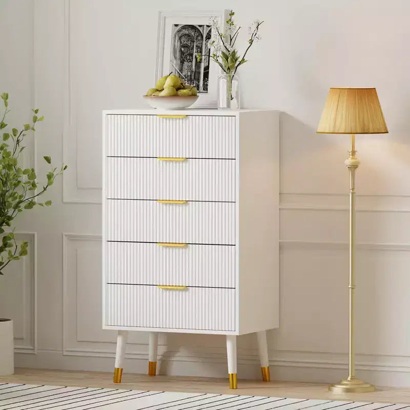 Commode de rangement COZONY à 5 tiroirs cannelés, commode de chambre moderne avec cadre en bois, organisateur compact pour espaces de vie