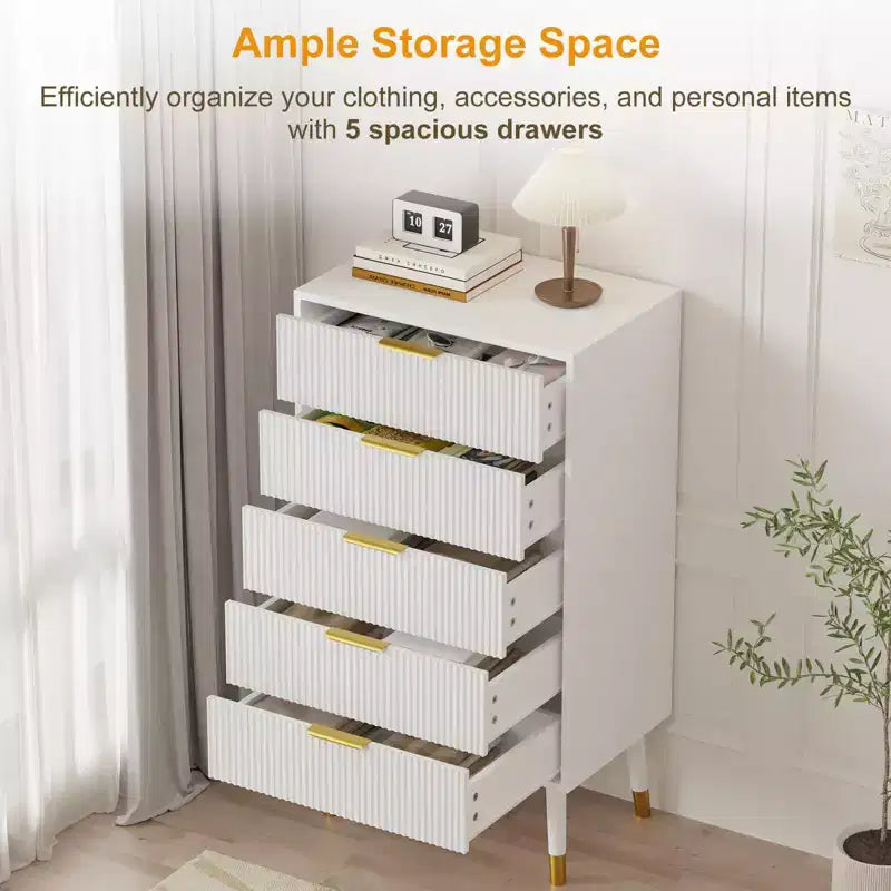 Commode de rangement COZONY à 5 tiroirs cannelés, commode de chambre moderne avec cadre en bois, organisateur compact pour espaces de vie