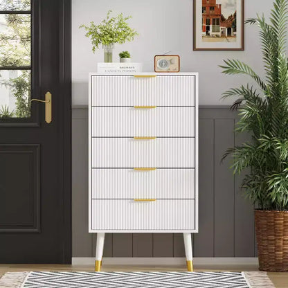 Commode de rangement COZONY à 5 tiroirs cannelés, commode de chambre moderne avec cadre en bois, organisateur compact pour espaces de vie