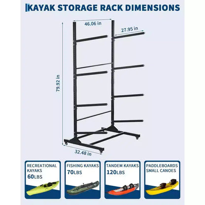 Support de rangement autoportant pour 2 kayaks, noir, robuste et réglable, avec roues verrouillables pour kayak/canoë/paddleboard (utilisation intérieure/extérieure, 1 paquet)